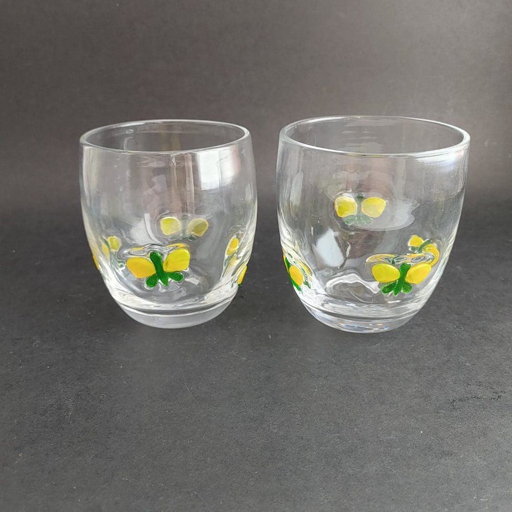 Pair Hand Blown Art Glass Tumbler Glasses Votives Fused Yellow Green Butterflies